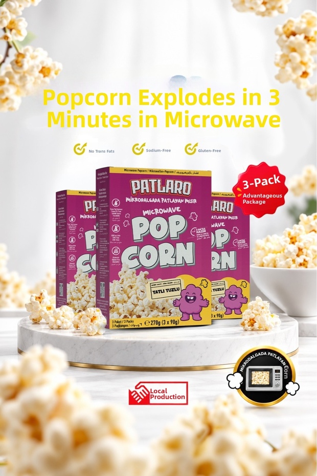 Microwave Popcorn, 3 Boxes, Sweetened (90 g x 9 packets) - Ready in 3 Minutes - 100% Made in Turkey