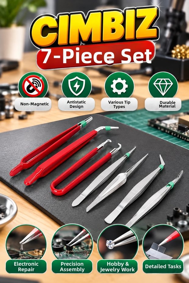 7-Piece Antistatic Precision Tweezers Set – Non-Magnetic with Various Tip Types