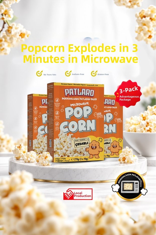 Microwave Popcorn, 3 Boxes, Cheese Flavor (90 g x 9 packs) - Ready in 3 Minutes - 100% Made in Turkey