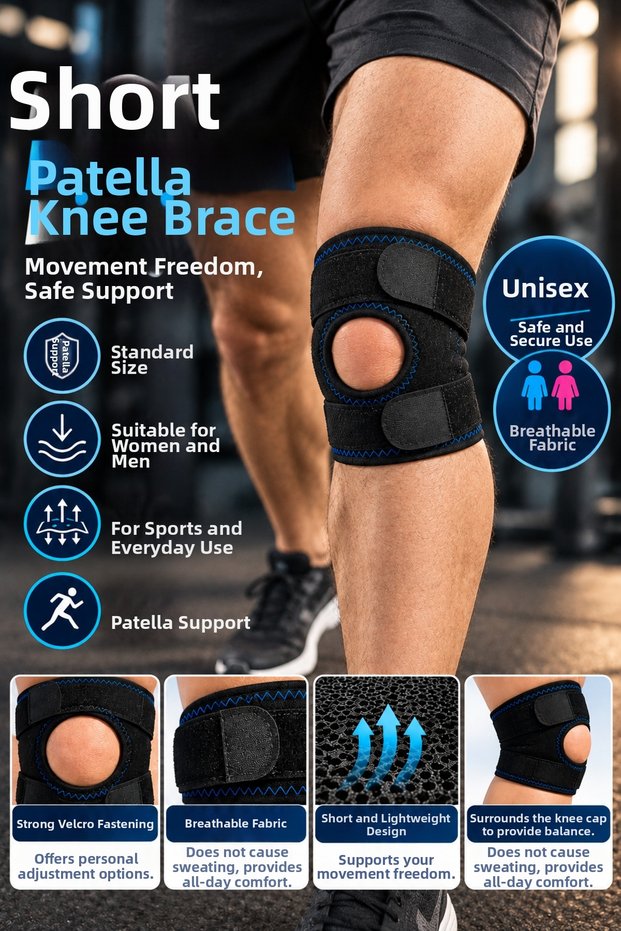 SHORT PATELLA KNEE BRACE—Silicone-Reinforced, Adjustable Velcro Straps, One-Size-Fits-All, Flexible Neoprene