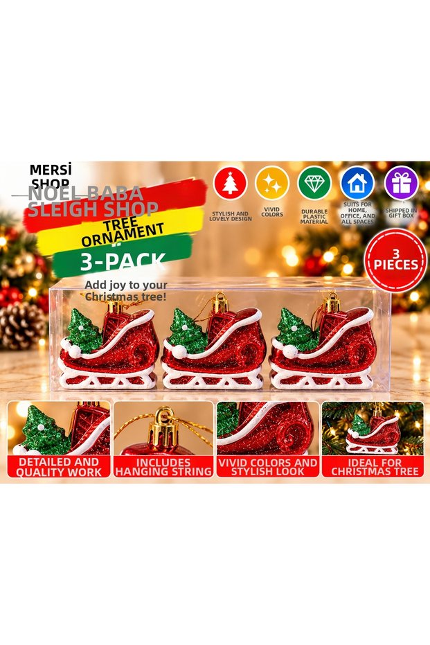 Santa Claus Sleigh-Shaped Christmas Tree Ornaments, 3-Piece Set: Red Glittery Decorative Christmas Tree Ornaments