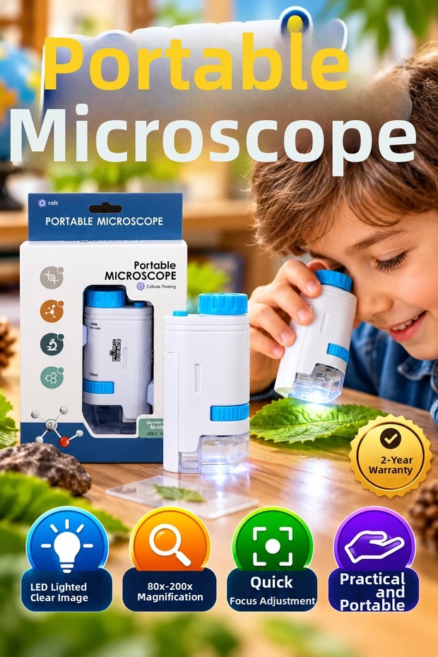 Portable Handheld Microscope with LED Lighting – 80X–200X Magnification, Quick Focus Adjustment