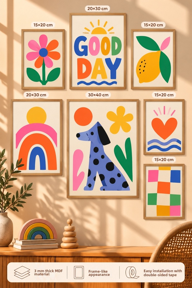 Modern 7-Piece Framed Art Set | Retro & Pop Art—Kids' Room | Wall Decor for the Living Room, Office, Kitchen, and Home Office