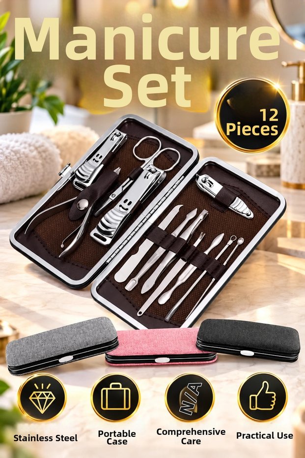 12-Piece Bag-Style Manicure, Pedicure, and Nail Care Set with Nail Scissors and Care Accessories