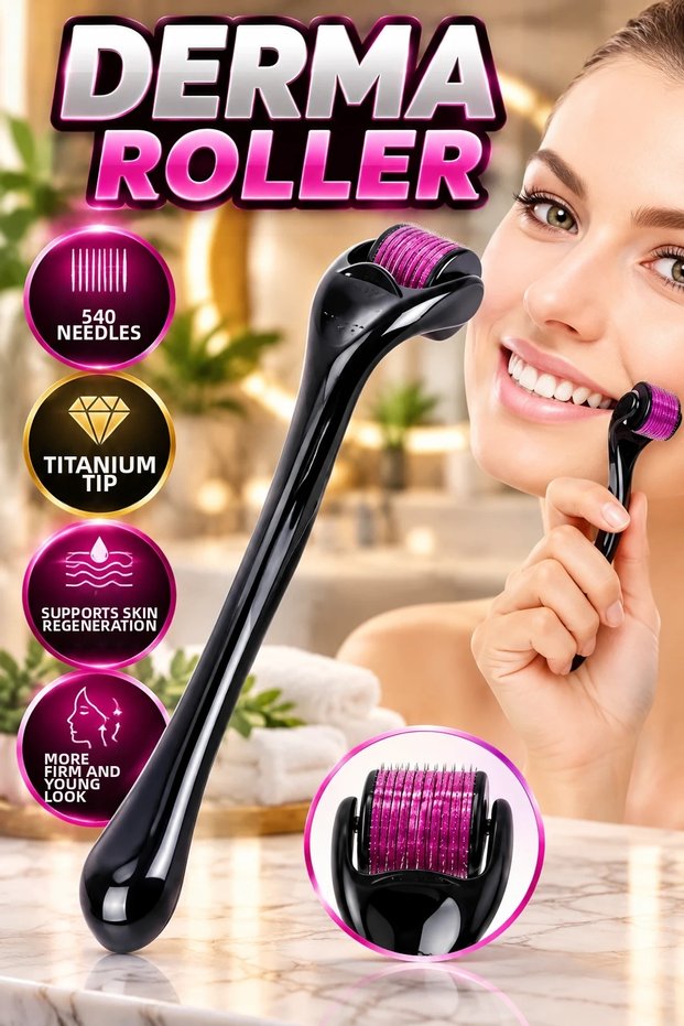 Derma Roller with Titanium Tips, 540 Needles, 1 mm Skin Care Roller Device