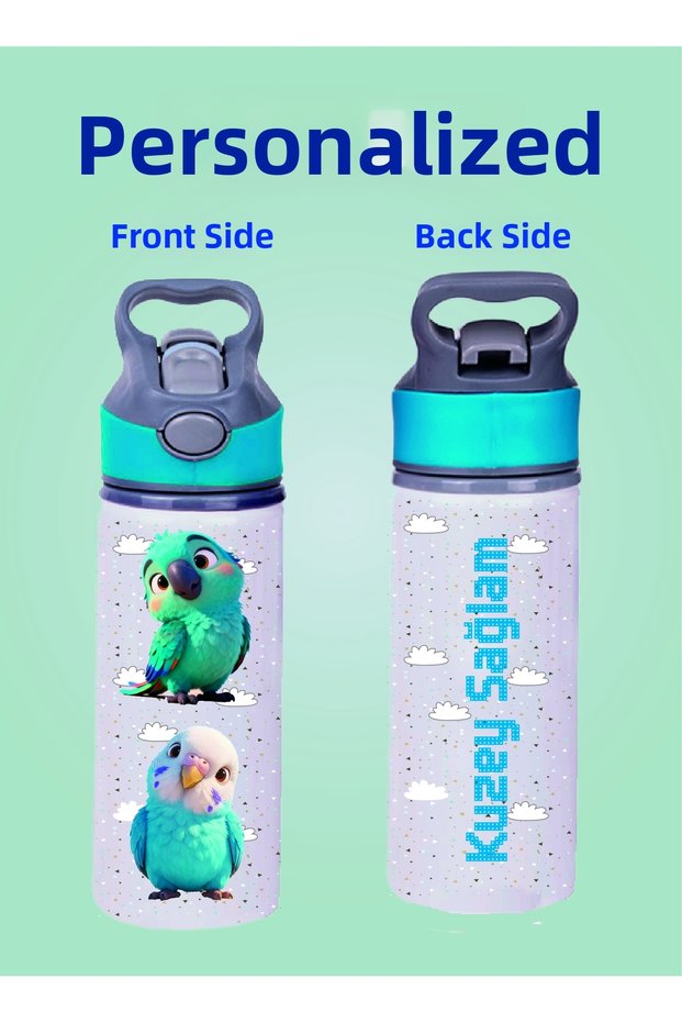 Blue Water Bottle with Metal Straw - 600 ml. - 013