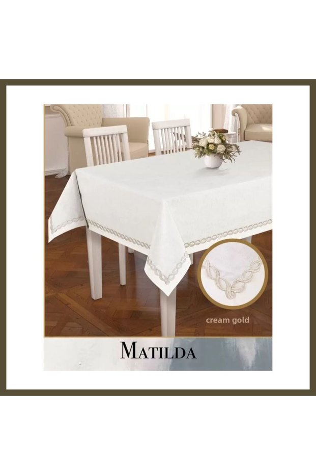 Matilda Cream-Gold 155x220 cm Linen Tablecloth, Dining Tablecloth, Modern BX