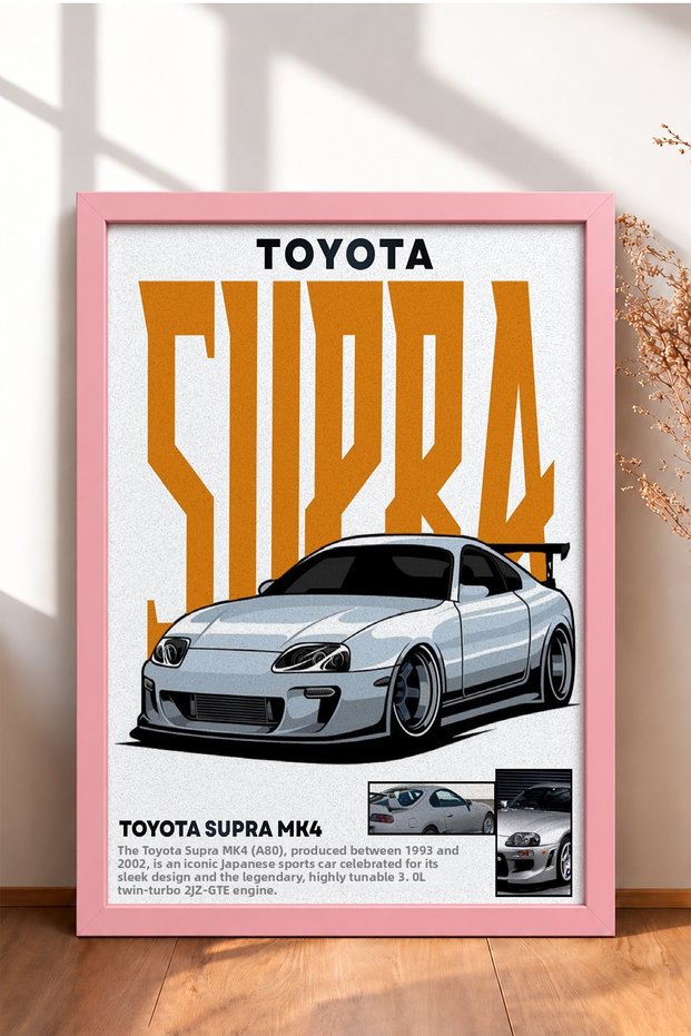 Silver Japanese Sports Car Poster with Orange Text in a Frame—Car Poster and Wall Decor OTO040