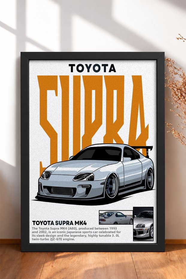 Silver Japanese Sports Car Poster with Orange Text in a Frame—Car Poster and Wall Decor OTO040