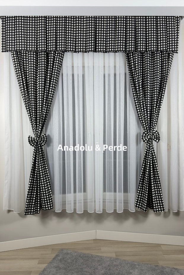 Kitchen Drapery Curtain, Closely Pleated, 1/3 Gingham Pattern, Ruffled, Rustic Short Drapery Curtain, Panama Linen (Duck)
