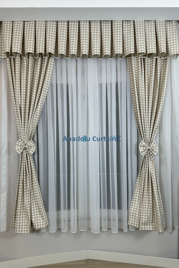 Kitchen Curtain, Closely Pleated, 1/3 Gingham Pattern, Beige and Taupe Color, with Fringe, Short Curtain Rail, Drapery Curtain, Modern