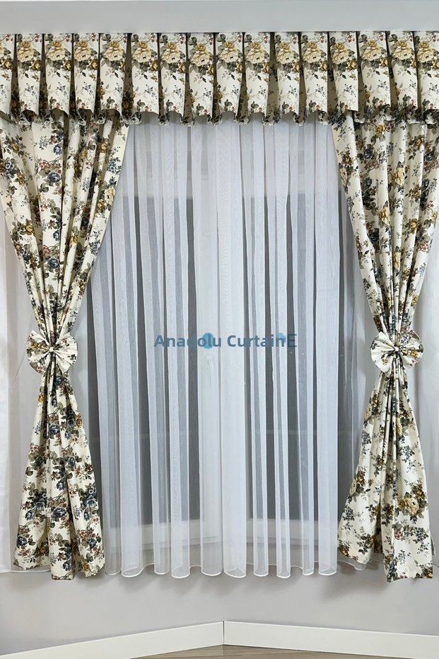 Kitchen Curtain, Closely Pleated, 1/3 Rose Pattern, Indigo with Fringe, Curtain Rail, Short Drapery Curtain, Modern
