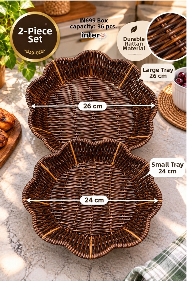 Set of 2 Rattan Baskets: Round Knit Bread Basket and Breakfast Serving Basket—Decorative Wicker-Style Kitchen Basket