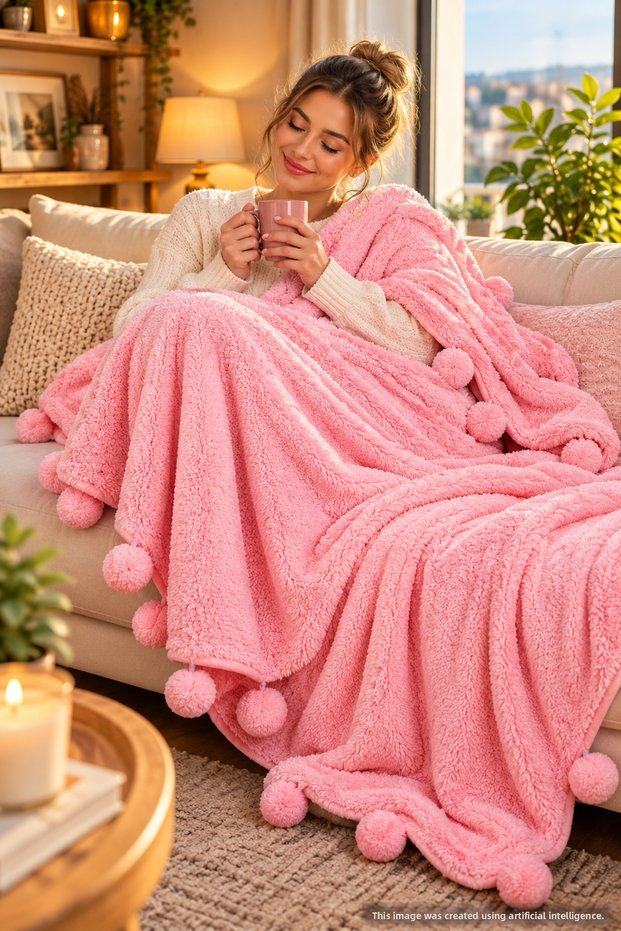 Single-Person Plush Blanket with Pom-Poms—Soft-Textured TV and Sofa Blanket