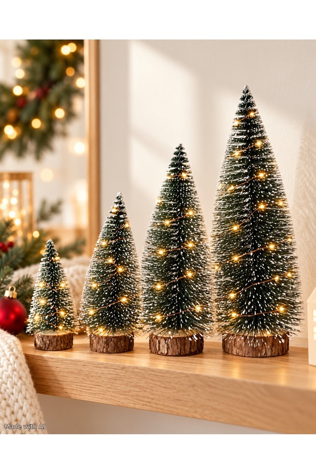 New Year's Tree Set with Snow Effect: 1 LED + (1 x 25 cm, 1 x 20 cm, 1 x 15 cm, 1 x 10 cm) – Set of 4 Fir Trees