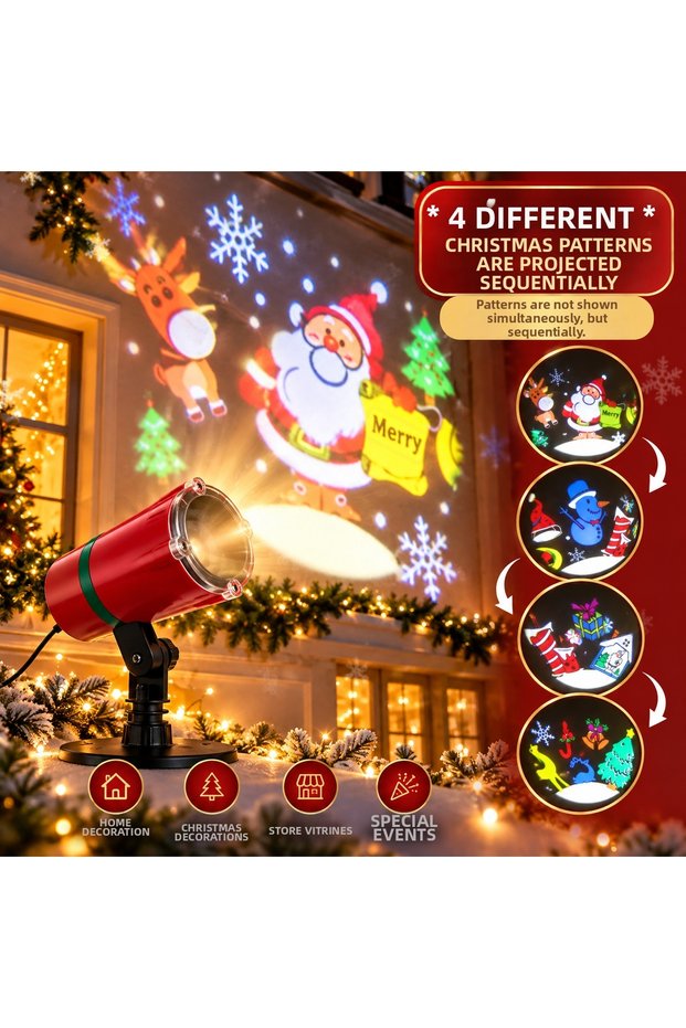 New Year's Projector: Indoor and Outdoor Light Projector with 4 Different Rotating Christmas Designs