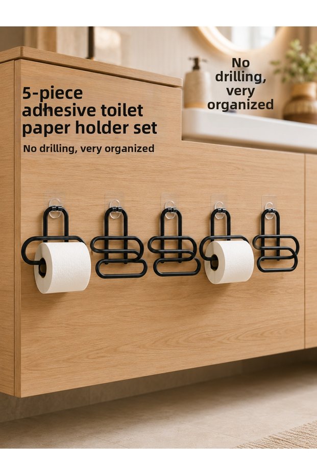 Black Metal Toilet Paper Holder, Set of 5, Adhesive Wall-Mounted Bathroom Toilet Paper Holder - Lisinya LSELDR06