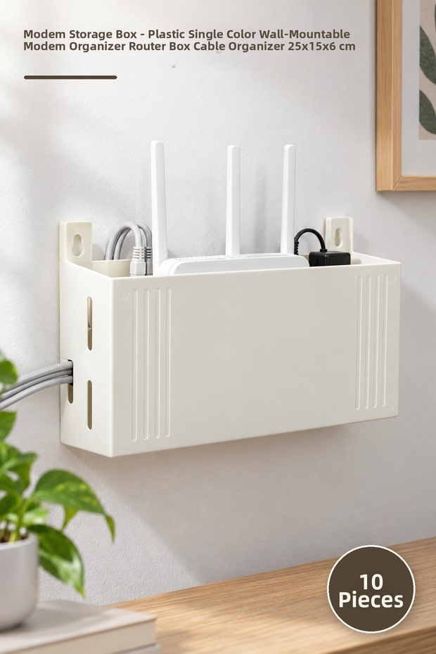 10 Modem Storage Boxes – Plastic, Single Color, Wall-Mountable Modem Organizer, Router Box, Cable Organizer, 25X15X6 Cm.