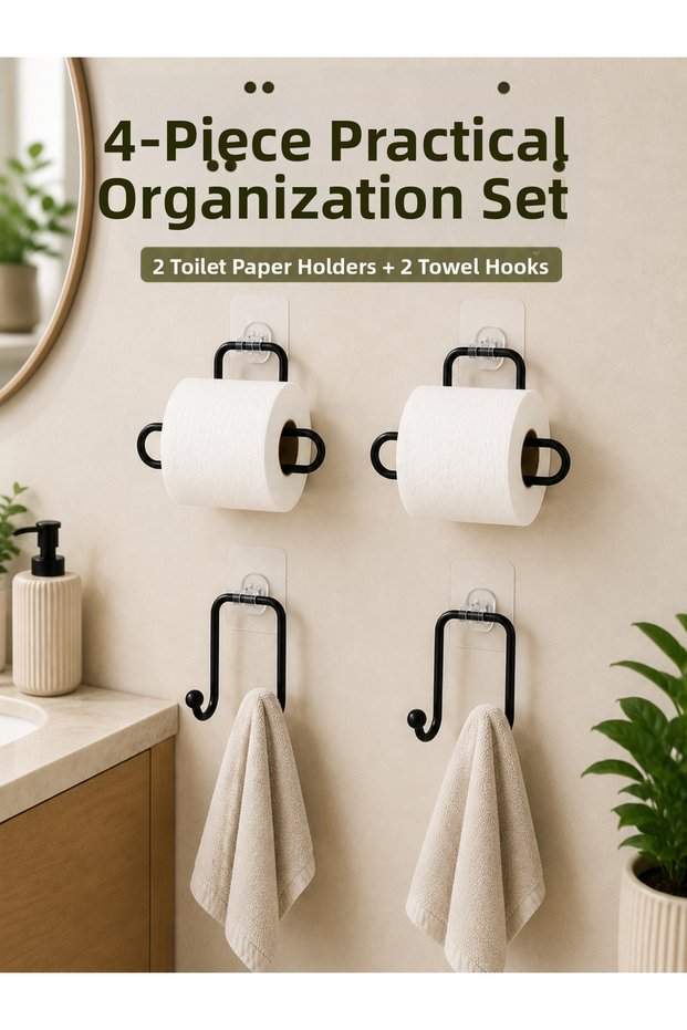 Wall Adhesive Roll Paper Holder and Towel Rack, 2 Pieces, Set of 4
