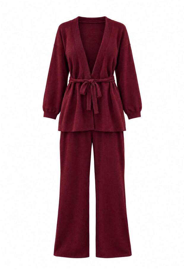 Burgundy Belted Dressing Gown-Pants Knitted Large Size Pajamas Set Tbbaw27Ai00035