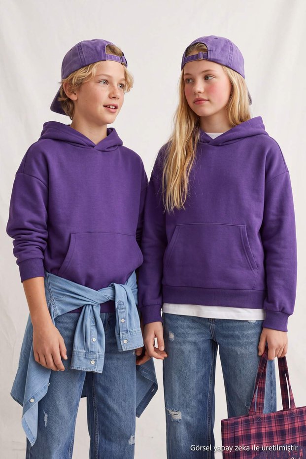 Purple Girls'/Boys' Cotton Hooded Plain-Knit Sweatshirt TKDAW27SW00099
