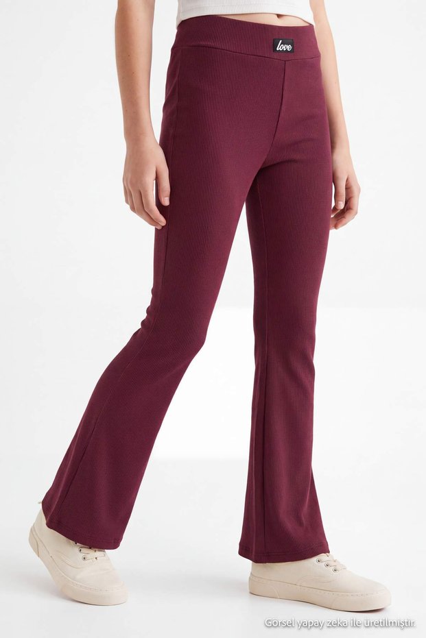 Burgundy Solid/Basic Flare/Flared Girls' Stretch Knit Leggings TKDSS24TA00007