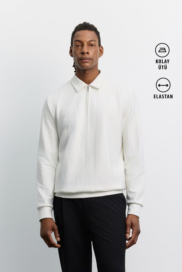 Men's Ecru Polo Collar Zippered Jacquard Regular Fit Sweatshirt A62Y1245