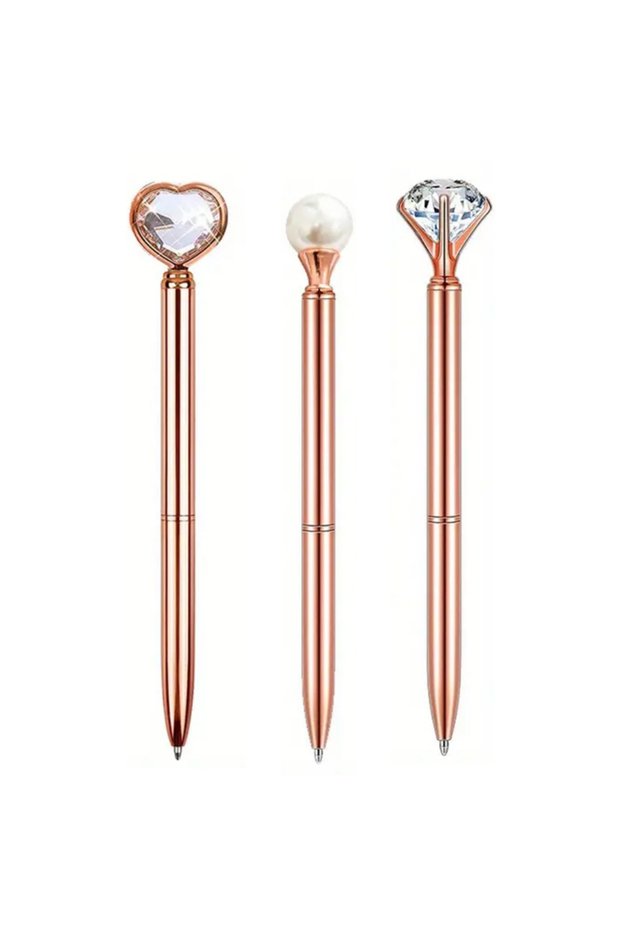 Rose Gold 3PCS 3-9pcs Rose Golden Metal Ballpoint Pen Set, Pearl Quicksand Crown, Love Artificial Di