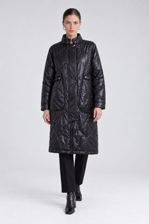 Black Puffer Coat with Pocket Detail