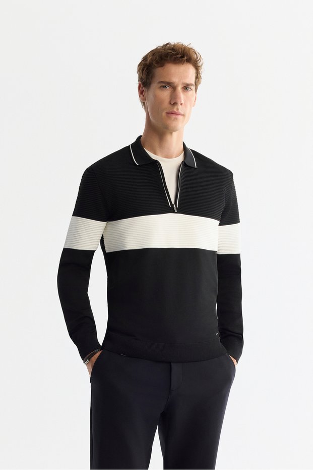 Men's Black Zippered Polo Neck Color Block Knitwear Regular Fit Sweater A42Y5030