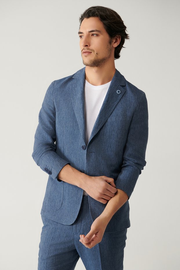 Men's Blue Unlined Linen Blend Comfort Slim Fit Suit Jacket A41Y4060