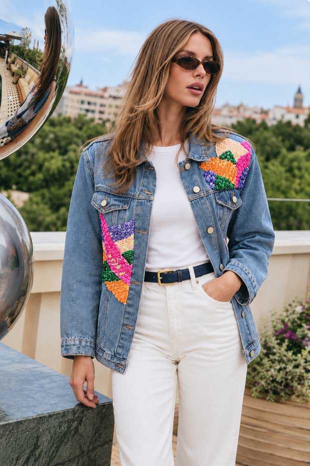 Colorful Sequin Embroidered Jean Jacket