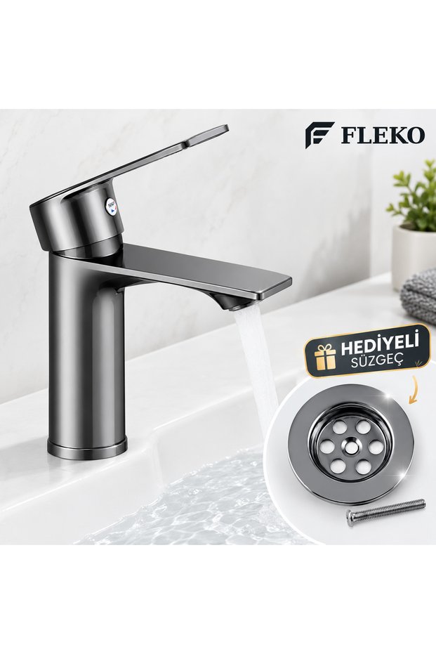 Fleko Brand Anthracite Grey Open-Handle Bathroom Sink Faucet with Hot and Cold Water Inlet.