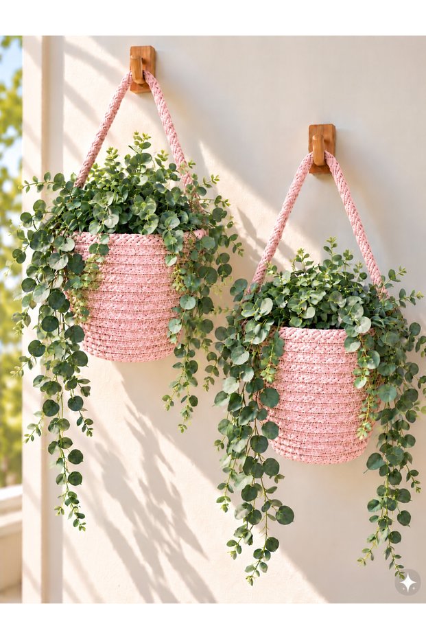 Basket Mini Decorative Flower Pot 2-Piece Organizer 12X10 cm (Plants and Wooden Hangers Are Not Included)