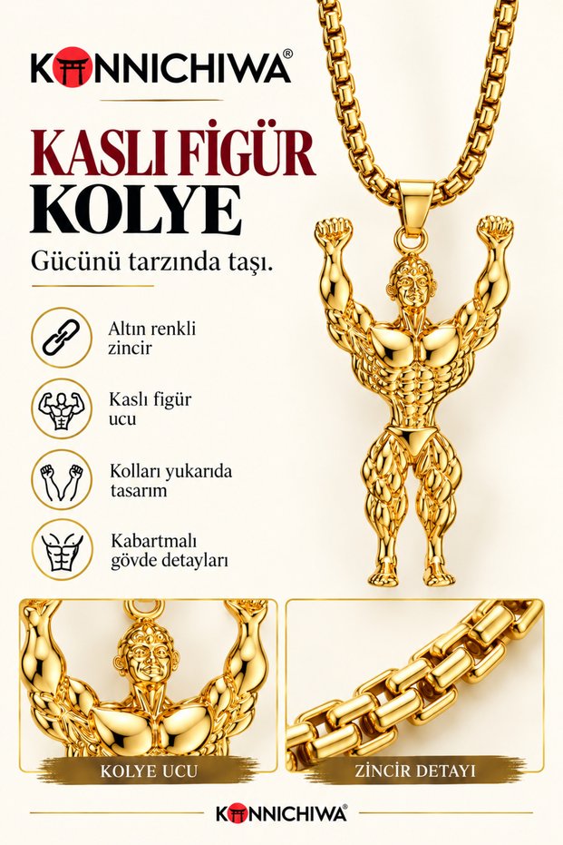 Bodybuilder Fitness Necklace – Gold Color Chain Necklace with Muscle Sportsman Figure