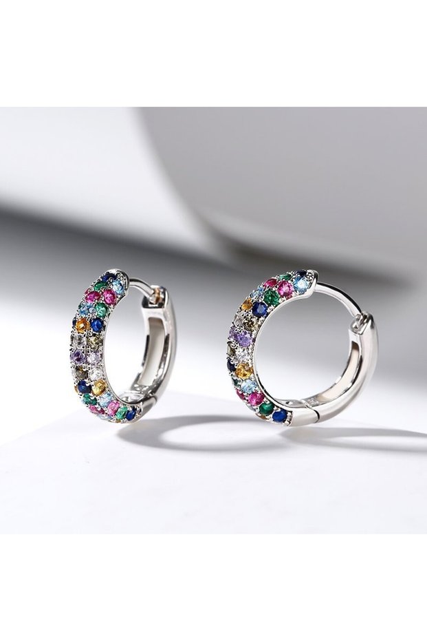 silver Fashion silver color Round Mini Earrings Set Half Hoop Colorful Zircon Ladies Luxury Jewelry