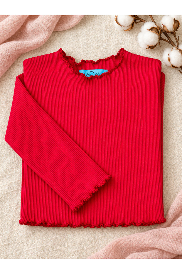 Red Girls' Long-Sleeved Knitted T-Shirt with Corded Fabric Hem