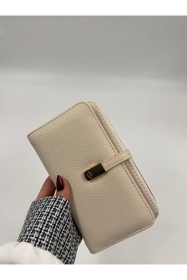Women's Beige Phone-Compartment Faux Leather Wallet