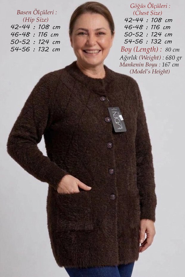 Women's Thick-Textured Winter Cardigan with Stretch Fabric, Spandex-Blend, 80 cm, Angora-Look, Buttoned, Brown, Long Pockets, Fuzzy Yarn, Plus Size