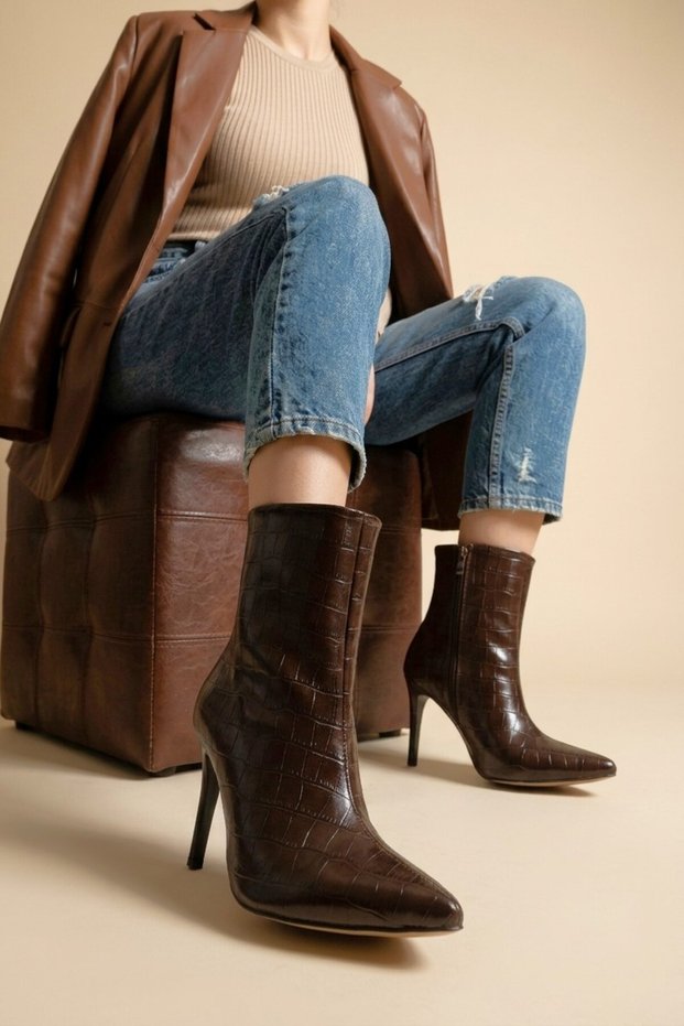 ZRİN-4803 Premium Coffee-Colored Crocodile-Print Pointed-Toe Thin-Heeled Women's Casual Boots, 9.5 cm