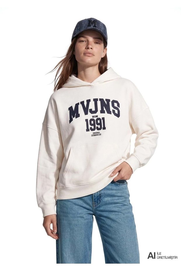 M1S20141 Women's Sweatshirt with Jeans Logo Print, White.