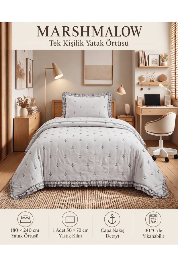 Marshmallow Ruffled Bedspread Set (Single / 180x240) Anchor Pattern, Gray