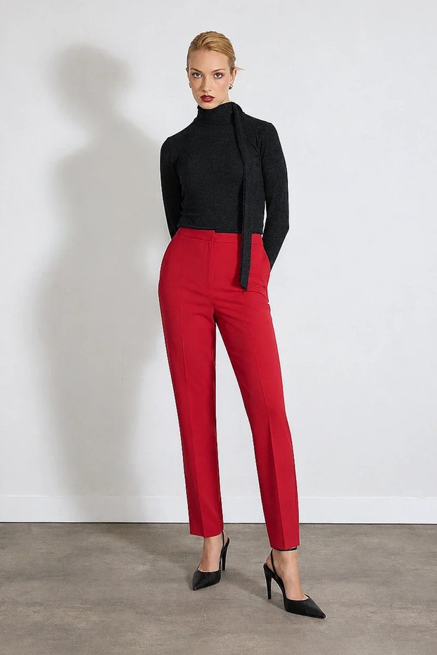 Pipe Leg Fabric Trousers - Red