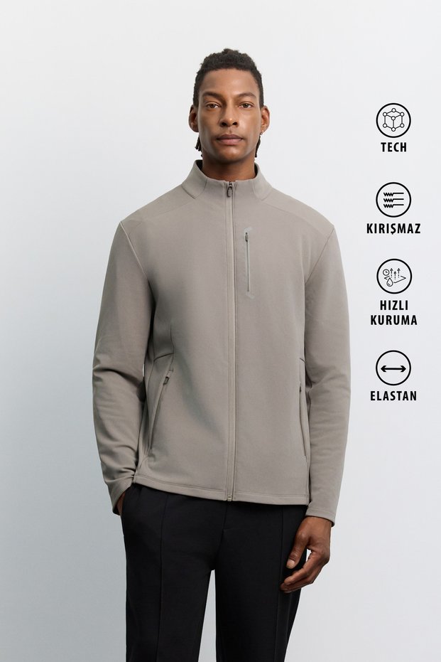 Men's Mink Stand Collar Zippered Cardigan with Chest Pocket Detail and Flexible Printed Technical Design A62Y1327
