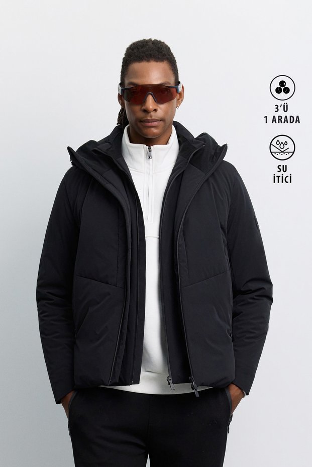 Men's Black Hooded Functional 3-Use Vest Water Repellent Windproof Coat A62Y6120