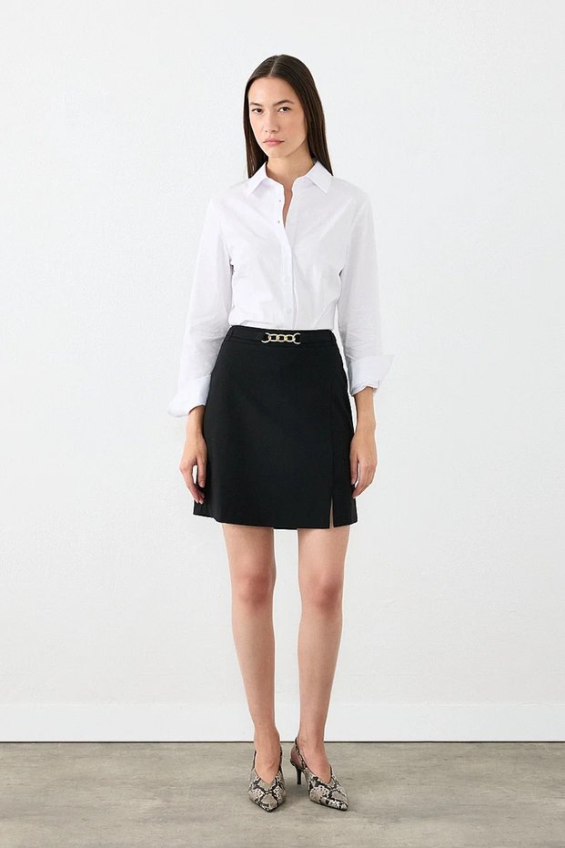 Buckle Detailed Slit Mini Skirt - Black