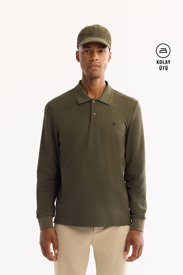Men's Khaki Non-Curling Polo Collar Easy-Iron Basic Sweatshirt B001080