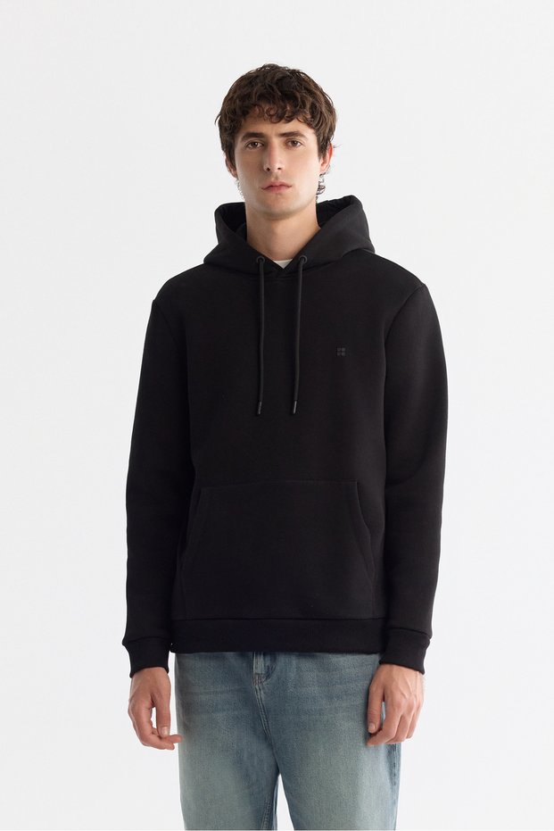 Men's Black Hooded 3 Thread Ruched Regular Fit Sweatshirt B001103