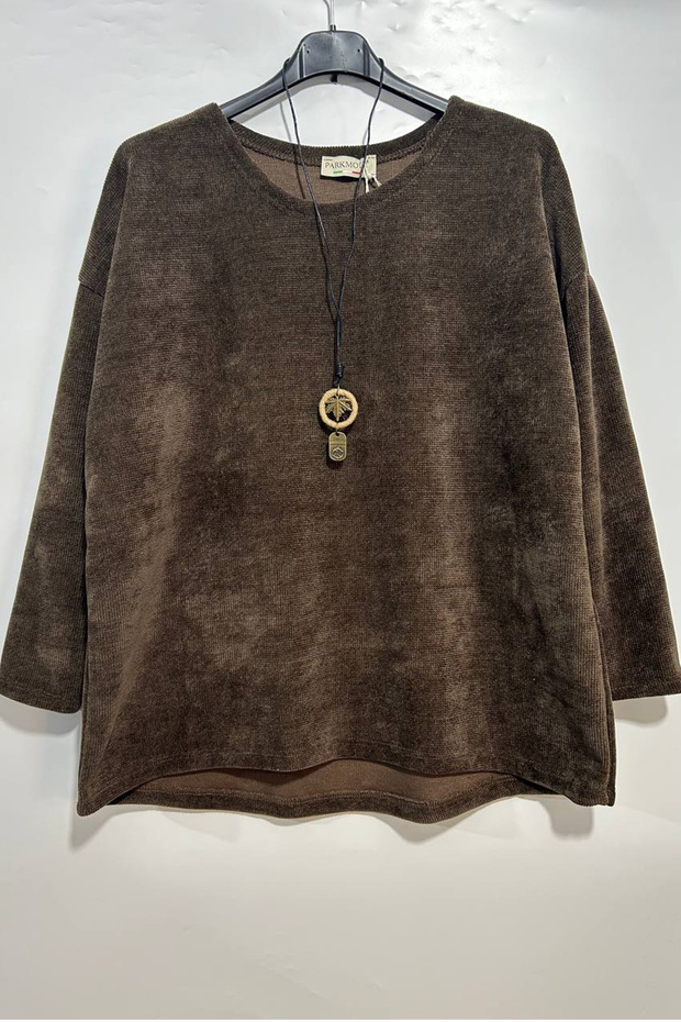 Women's Italian Brown Necklace Accessory Loose Overseize Long Sleeve Velvet Blouse Tunic