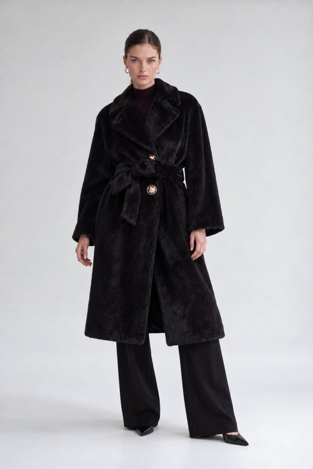 Black Fur-Trimmed Coat with Belted Design